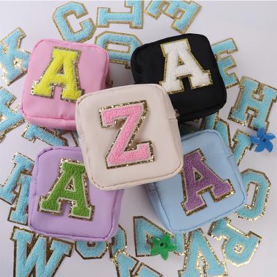 China Fashion 8cm 11 Colors Gold Edge Iron On Chenille Embroidered Alphabet Patches With Glitter A-Z Letter Embroidery Patches For Clothing for sale