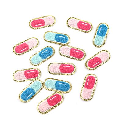 China Other Pink and Pill Blue Iron On Chenille Embroidery Patches With Patch Gold Edge Towel Embroidery For Clothing Bags Diy Accessories for sale