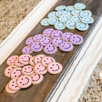 China Other 5cm Hot Selling Colorful Iron On Smiley Face Chenille Embroidery Patches With Gold Border For Cosmetic Bag Clothing Accessories for sale