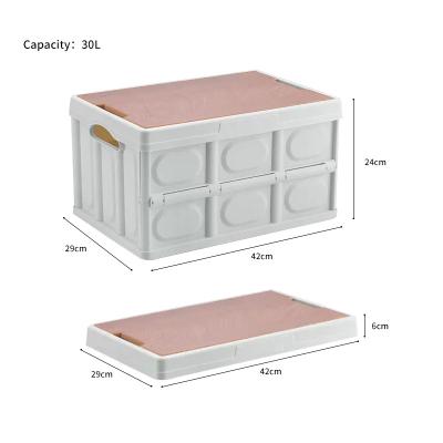 China Modern Camping Outdoor Home Car Folding Carry Plastic Storage Box Collapsible Storage Barrels With Wooden Lids for sale