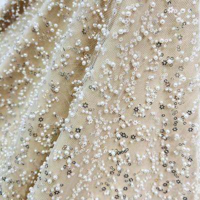 China New Hd Viable White French Glitter Lace Net Pearl Material Fabric Trim With Sequins for sale