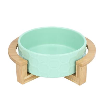 China Sustainable Ins Style Candy Color Wood Bowl Stand Ceramic Pet Food Bowl Round Water Bowl for sale