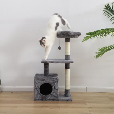 China Sustainable Warehouse Small Cat Tree Condo With Modern Canada Sisal Striping Pole Swing Ball for sale