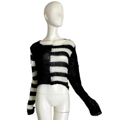 China Y2K Style Breathable Female Knit Sweater Custom Made Sweater Jumper Autumn Spring Lady Loose Color Contrast Long Sleeve O Neck Striped Pullover Sweaters for sale