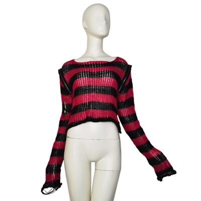 China Y2K Style Sexy Knitted Sweater Gothic Girl Short Length Female Breathable Zippers Hollow Out O Neck Striped Red Slim Sweaters Knit Crop Top for sale