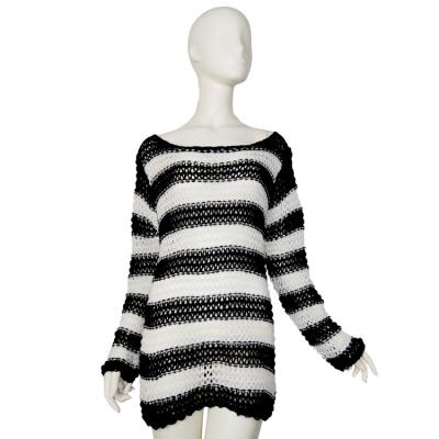 China Lady Soft Gothic Casual White Striped Sweater Dress Female Breathable Sweater Long Knitted O Neck Hollow Out Sleeve Pullovers Long Sweaters for sale