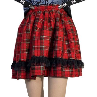 China Viable Pleated Plaid Lace Ladies Skirts Female Elastic Single Layer Lace Waist Skirts Red Blue Gold Silk Empire Skirt Y2k Style 2022 New for sale