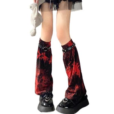 China Gothic Red Tie Dye Leg Warmer For Women Gothic Style Calf Length Cotton Harajuku Female Leg Warmers With PU Tie Up Y2k Girl Sock Cover for sale