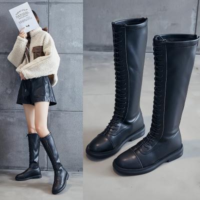 중국 Cowhide boots women 2021 autumn and winter plus velvet new high tube stretch thin lace-up rear zipper knight boots 판매용