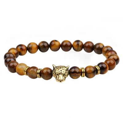 China Custom Handmade Quick Delivery Leopard Head Beaded Charm Tiger Eye Natural Stones Beads Elastic Bracelets Wholesale for sale