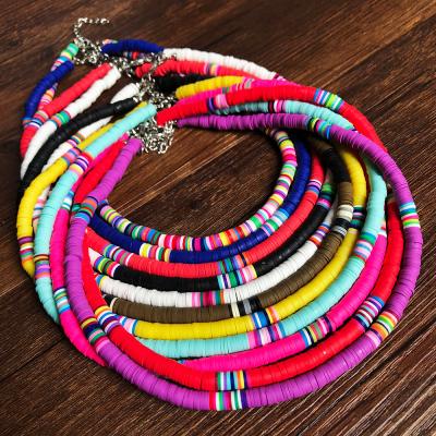 China Fast Shipping Elastic Adjustable Colorful Polymer Clay Choker Necklace Boho Pottery Beads Necklace 6mm Multicolor Clavicle Soft for sale