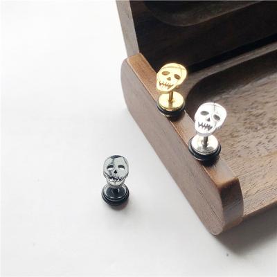 China wholesale black gold color jewelry steel three hop hip street ghost mens punk head earrings stainless steel fast shipping for sale