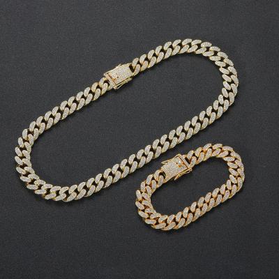 China Hot Selling Punk Jewelry 12mm Punk Hip Hops Gold Plated Miami Cuban Chain Bracelet Bling Iced Out Crystal Cuban Chain Necklace for sale