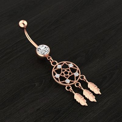 China FASHIONABLE Stainless Steel Long Dangle Belly Ring Party Zircon Stone Mini Three Leaves Dreamy Catcher Navel Piercing Ring Jewelry for sale