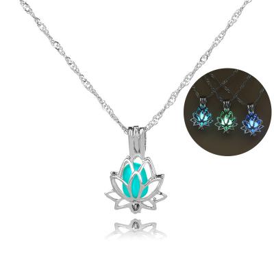 China Vintage Lotus Flower Shaped Pendant Necklace Luminous For Women Necklace Yoga Prayer Buddhism Glowing Jewelry for sale