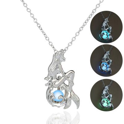 China Vintage Mermaid Necklace Gem Charm Jewelry Women Halloween Glowing Luminous Stone Pendant Necklace Gifts for sale