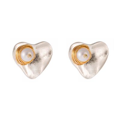 China HOT Selling Trendy Fashion Jewelry Silvery Shaped Natural Freshwater Rice Pearl Stud Earrings Sand Heart Hand Wound For Women for sale