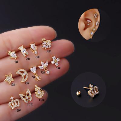 China 2022 TRENDY Women's Gold Starmoon Titanium Steel Diamond Zircon Stud Earrings Fashion Silver Butterfly Heart Shaped Crown for sale