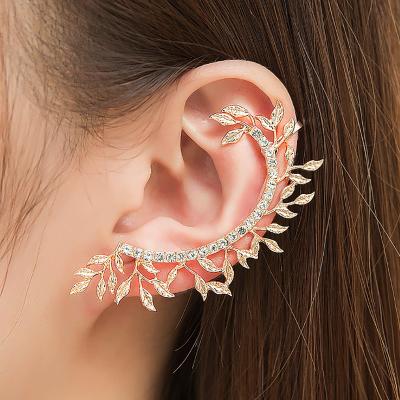 China Fashion Statement Punk Alloy Rhinestone Full Stud Earrings Diamond Crystal Leaf Ear Cuff Clip Stud Earrings for sale