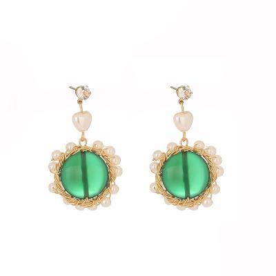 China CLASSIC S925 Emerald Oblate Natural Stone Wrapped Heart Pearl Zircon Jewelry Woman Stud Earrings for sale