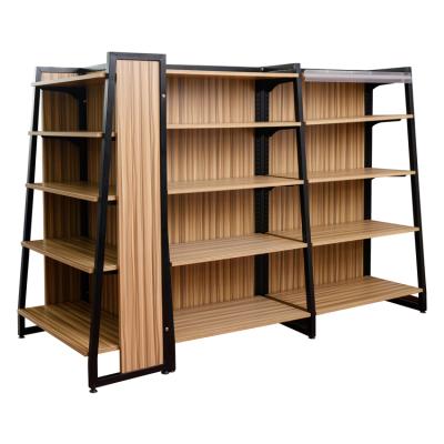 China Store Design Mall Wooden And Metal Supermarket Shelf Double Sided Modern Display Rack for sale