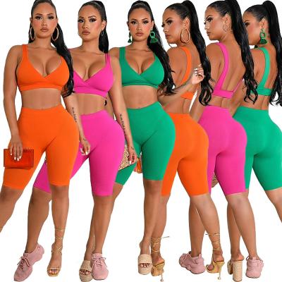 China Solid color breathable backless casual sports suits simple short set women streetwear sexy biker set for women for sale