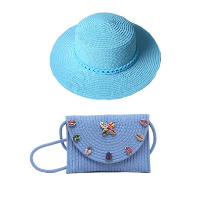 China Character Straw Woven Crossbody Bag Beach Sun Hats With Acrylic Chain Women Straw Fedora Hat Candy Color And Handbag Set for sale