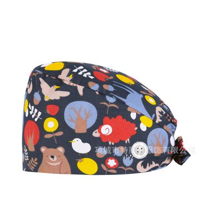 China Comfortable Breathable Women and Men Nursing Assistant Working Cotton Sweatband Bouffant Printed Scrub Hat With Button for sale