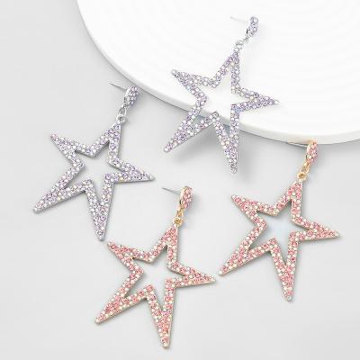 China 2022 latest alloy European and American diamond hyperbola inlaid pointed earrings women's hollow five star party gift exaggerated earrings for sale