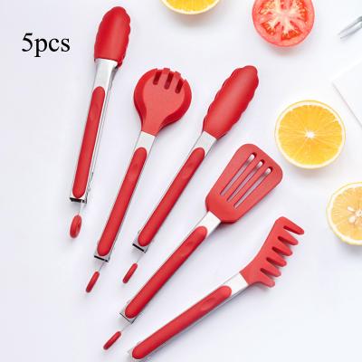 China Stocked 5pcs Kitchen Cooking Tools Food Tong Stainless Steel Set of 9 Inch Silicone Cooking Utensils for sale