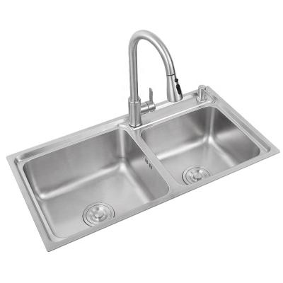 China Without Faucet LS-6839 Integrated Double Bowl Basin Sink Two Bowls Kitchen Sinks Brushed Casting Stainless Steel for sale