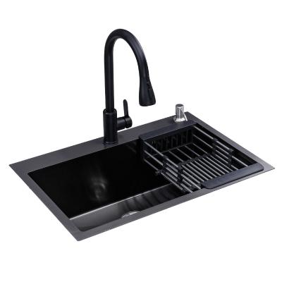 China Without thickening faucet HM6845N single bowl square black stainless steel nano single manual basin handmade kitchen sink for sale