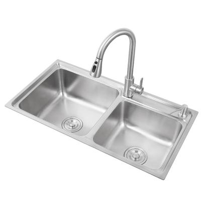 China LS-7241Thickening One-Piece Faucet Without Stretch Mount Brushed Double Bowl Basin Sink Two Bowls Kitchen Sinks 304 Stainless Steel for sale