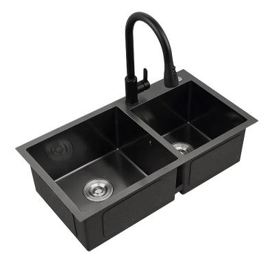 China Without Faucet HM7843N Thickening Manual Stainless Steel Double Bowl Square Nano Basin Double Bowl Stainless Steel Kitchen Sink Black Handmade Above Counter for sale