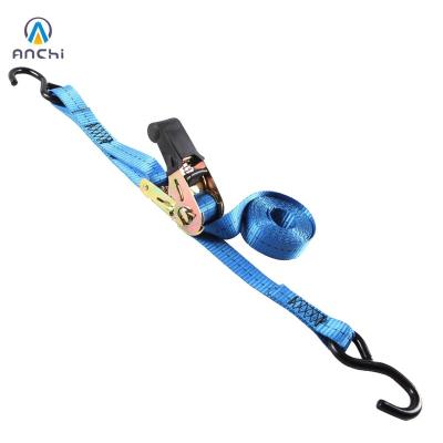 China Wholesale 1inch 25mm 2.5m Check Cargo Tie Down Ratchet Straps With S Hooks And Rubber Grip 1500lbs for sale