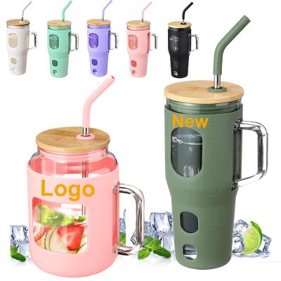 China 2023 New Arrival 32oz Adventure Fire Extinguisher Glass Tumbler with Bamboo Lid and Straw, with Handle and Silicone Sleeve Cup Reusable Cup Bottle with a for sale