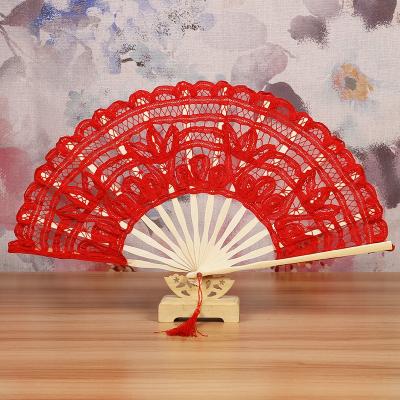 China China Chinese Traditional Red Lace Hand Fan For Wedding for sale