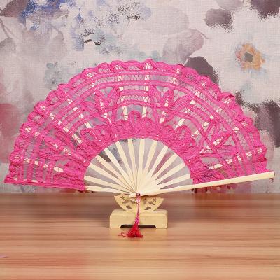 China China 11 Inch A Grade Bamboo Factory Supplied Rose Red Color Lace Wedding Hand Fan for sale