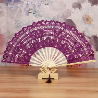 China China Purple Lace Folding Hand Fan Natural Bamboo For Wedding Souvenir for sale