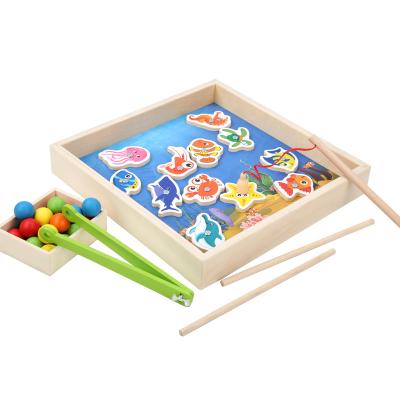 China Eco-Friendly Non-Toxic Wooden Magnetic Fishing Beads Clip Training Games Chopsticks Play Clip Beads Early Learning Game for sale