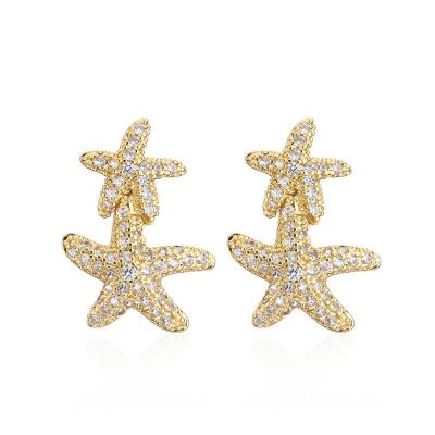 China CLASSIC 18K Gold Plated Allergenic Gold Starfish Micro Earring Set Zircon Copper Earrings for sale