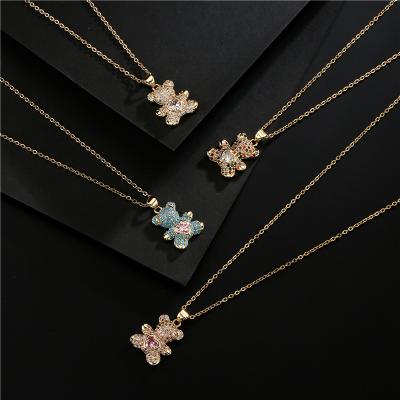 China Wholesale Cute Animal Pendant Chain Jewelry Bear Charm Brass 18K Gold Plated Bling Cubic Zircon Teddy Bear Necklace for sale