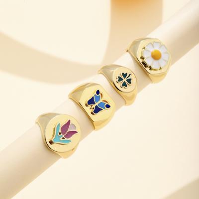 China Retro CLASSIC Metal Chandelier Ring 4pcs For Women Girls Couple Jewelry Gifts Enamel Colorful Fox Flower Butterfly Ring Set for sale