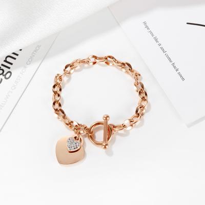 China Titanium Chain Bracelet Rose Gold Link Charm Rhinestone Crystal Heart Stainless Steel Bracelet New Design High Quality CLASSIC for sale