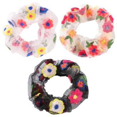 China Fashion Embroidery Transparent Daisy Flowers Hair Scrunchies Organza Elasticity Hair Scrunchies for sale