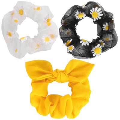 China Solid Yellow Ponytail Fashion Girl Hair Bow Hair Accessory Embroidered Mesh Yarn Daisy Scrunchies for sale