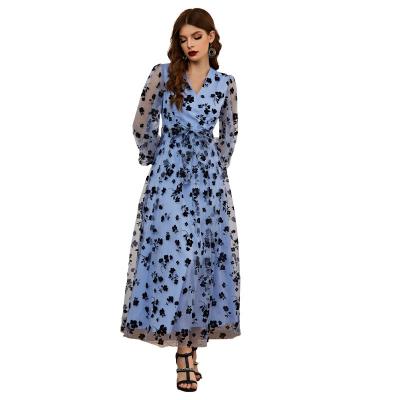 China Autumn 2023 Fashion Women Lady Custom Fashion High Waist Floral Print Lace Dress Vestidos Anti-Static Elegant Casual Female V-neck Long Sleeve Dress for sale