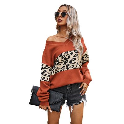 China 2023 Breathable New Autumn Winter Plus Size Fashion V-Neckline Polyester Women's Loose Casual Loose Female Leopard Lady Sweater Long for sale