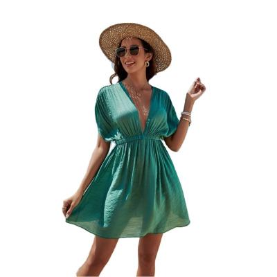 China Women Solid Dress Female Custom Made Casual Sexy Sunscreen Lady Vestidos Tone Waist Hem Holiday Beach 2023 New Anti-Static V-neck for sale