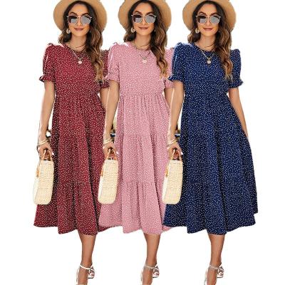 China 2023 Summer New Women's Custom Polka Dot Print Short Sleeve Dot Casual Dress Female Elegant Anti-static Lady Vestidos Long for sale